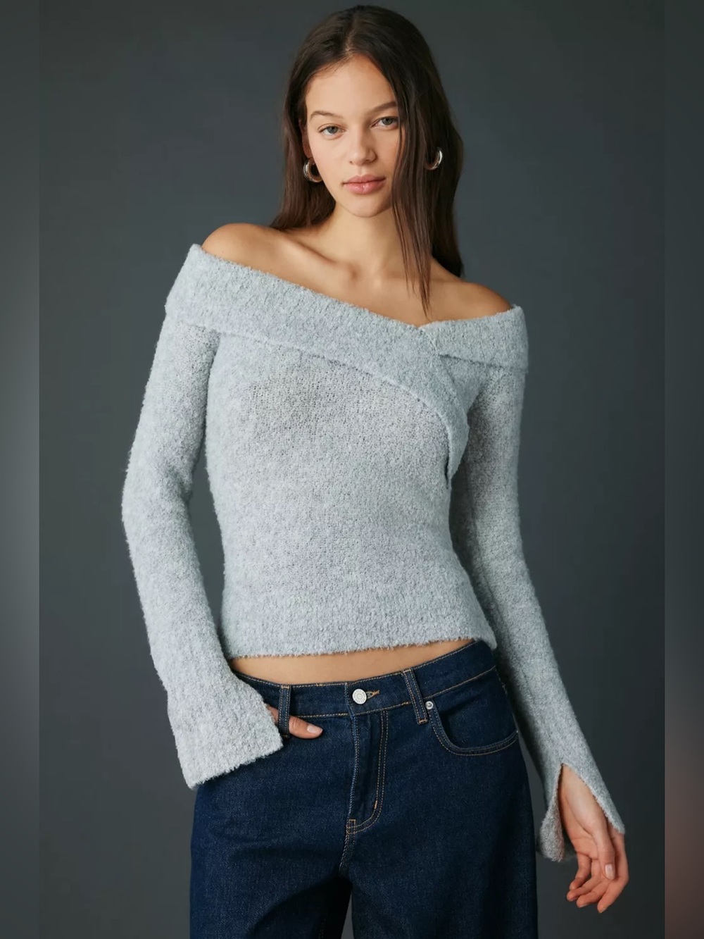 Urban Outfitters | Kimchi Blue Andie Foldover Off-The-Shoulder Sweater Grey Gray